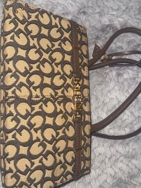 Guess Beige & Brown Monogram Tote with Gold Hardware used